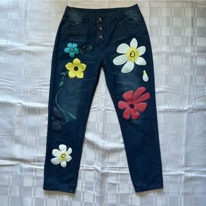 Retro 70’s Style Flower Painted Straight Leg Denim Jeans with Exposed Button Fly